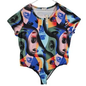 Urban Rose Pop Art Face Print Bodysuit Short Sleeve Multicolor 3X NEW